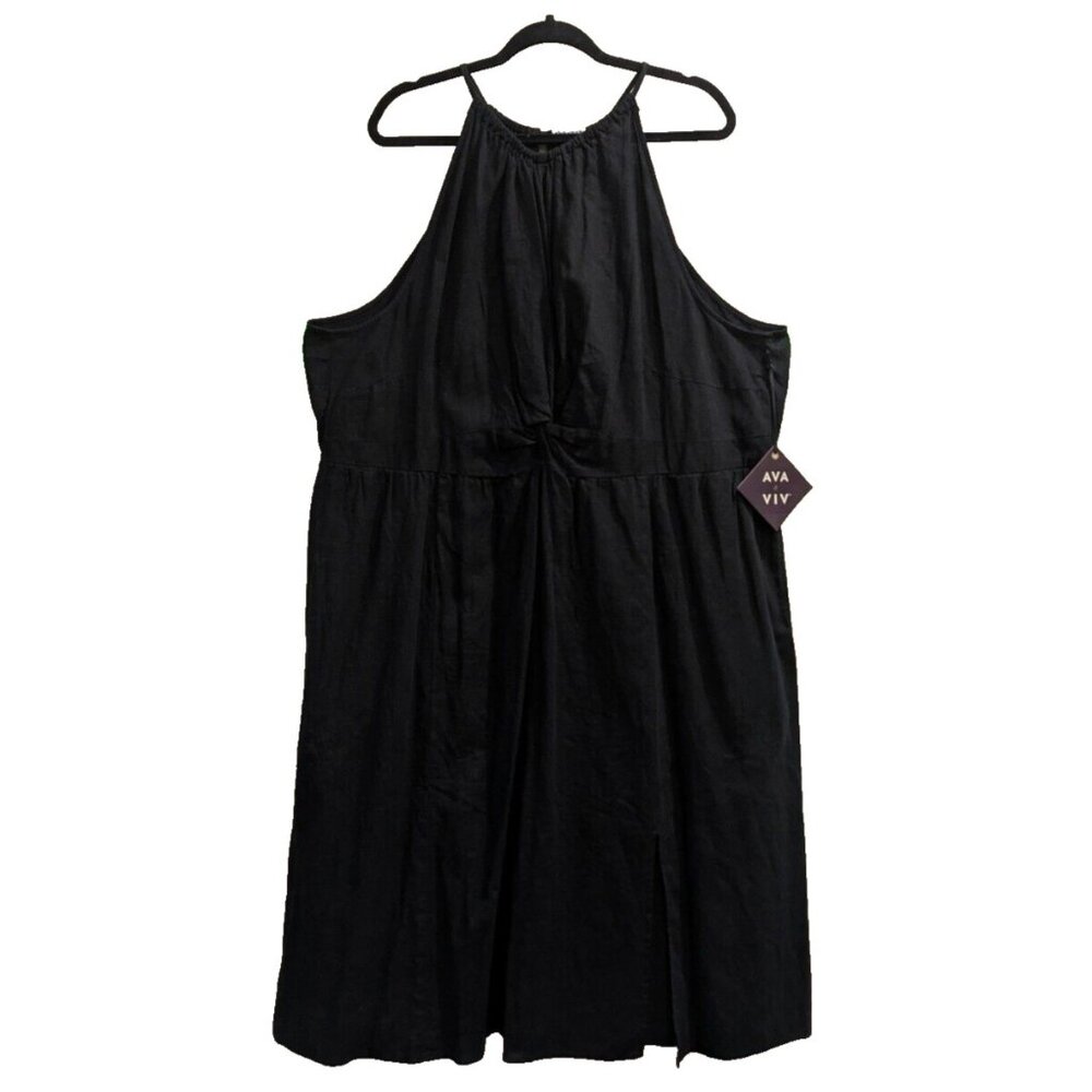 Ava &‎ Viv Twist Front Halter Neck Midi Dress 3X Linen Blend Black